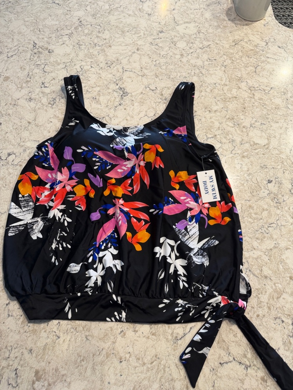 NWT My Swim Body Black Blouson Floral Tie-Hem Swim Tank Top - Women size 18